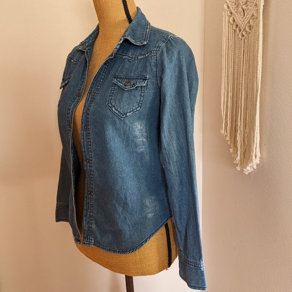 Miley Cyrus & Max Azria Destressed Denim Shirt XS - Picture 2 of 5
